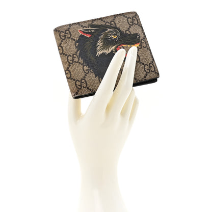 Gucci GG Supreme Monogram Selleria Calfskin Wolf Nice Bi-Fold Wallet Beige Ebony Multicolor Black 2 of 12