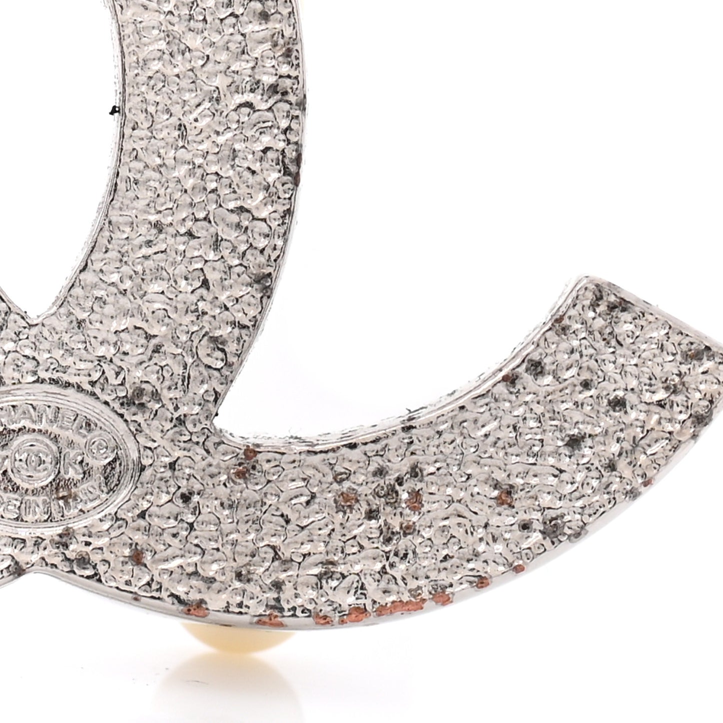 Pearl Crystal CC Mini Brooch Silver