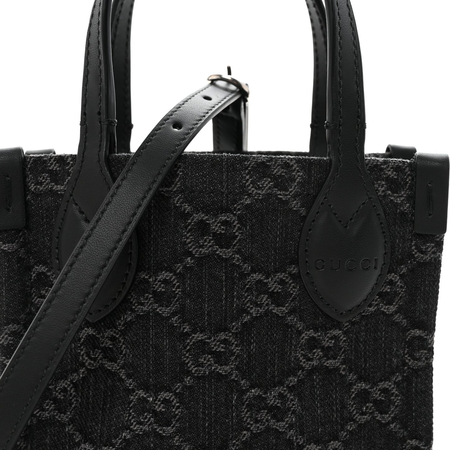 Denim Cuoio Harness GG Monogram Mini Ophidia Tote Bag  Black Medium Grey