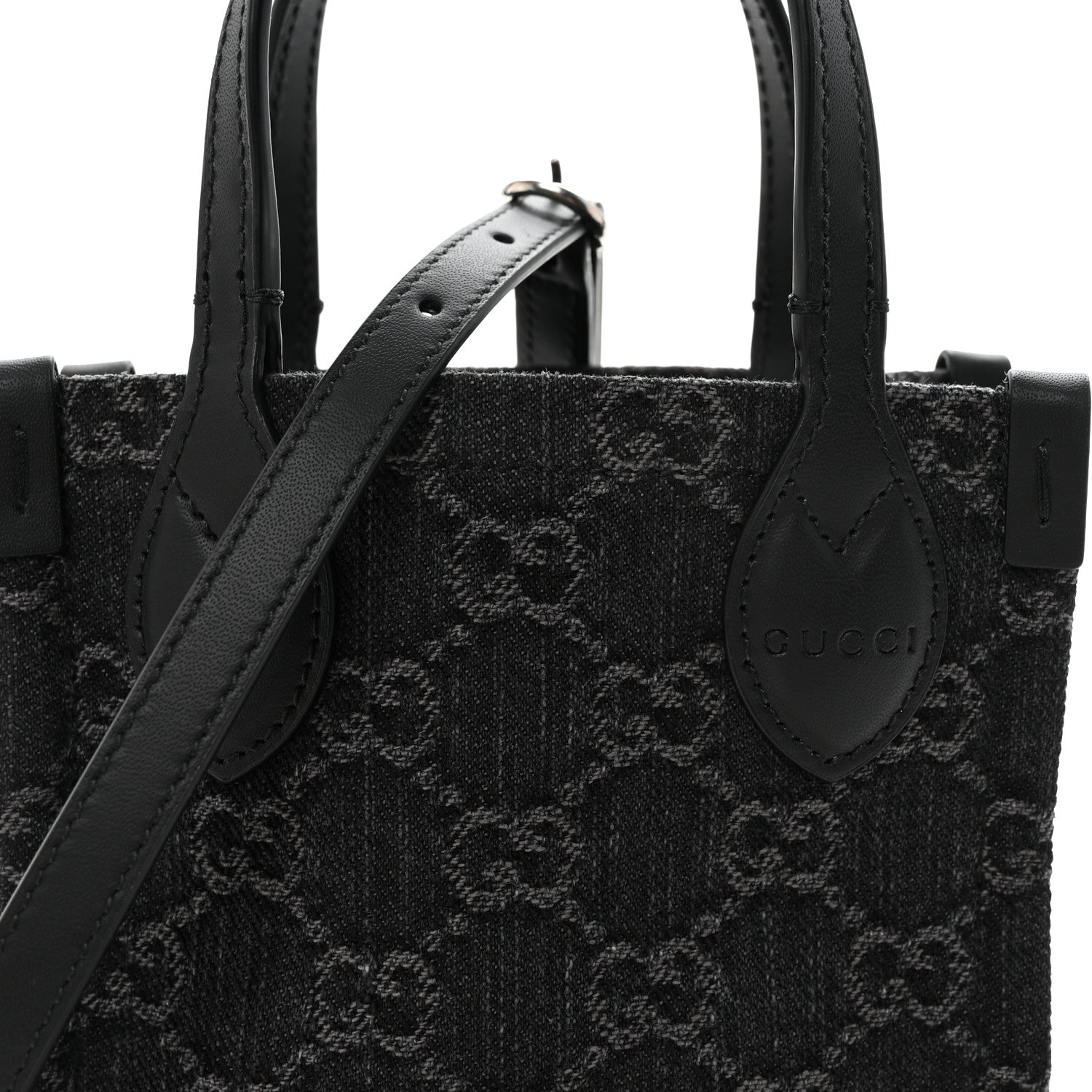 Gucci Denim Cuoio Harness GG Monogram Mini Ophidia Tote Bag  Black Medium Grey 7 of 9