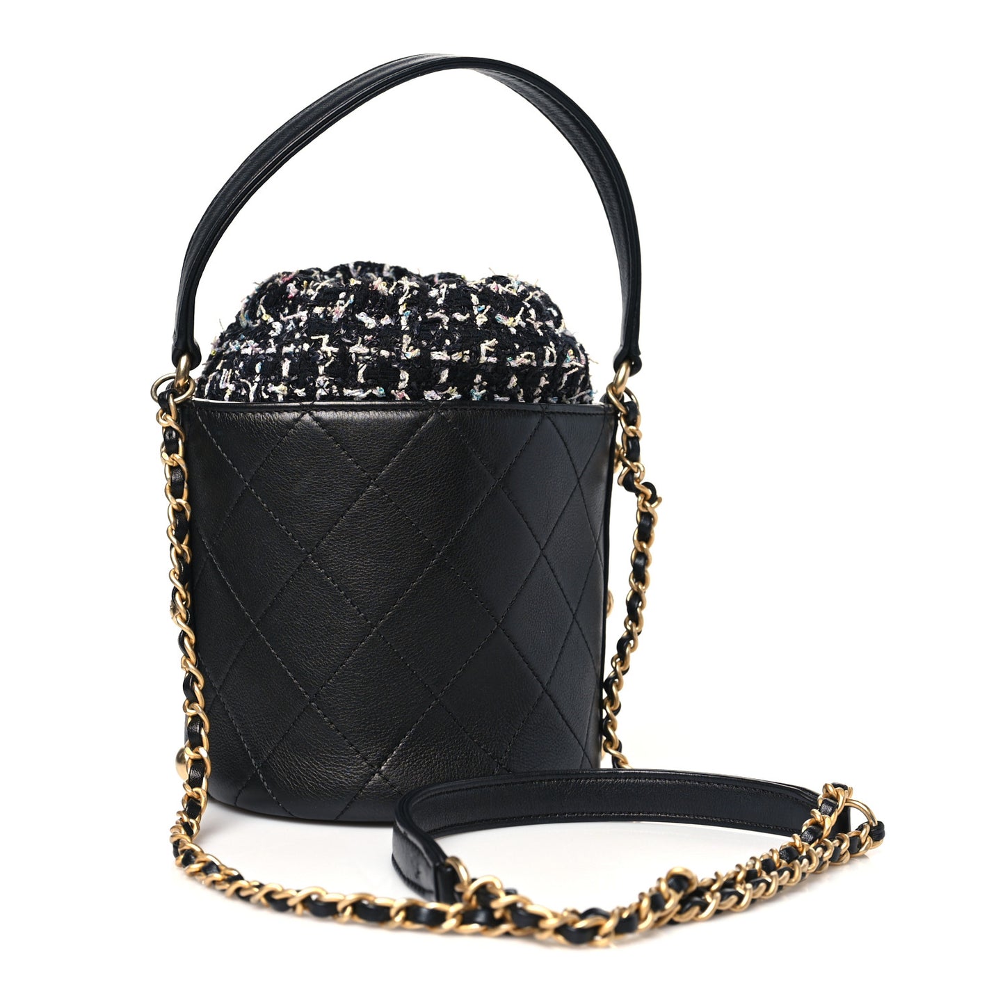 Calfskin Tweed Small CC Chain Bucket Drawstring Bag Black Multicolor