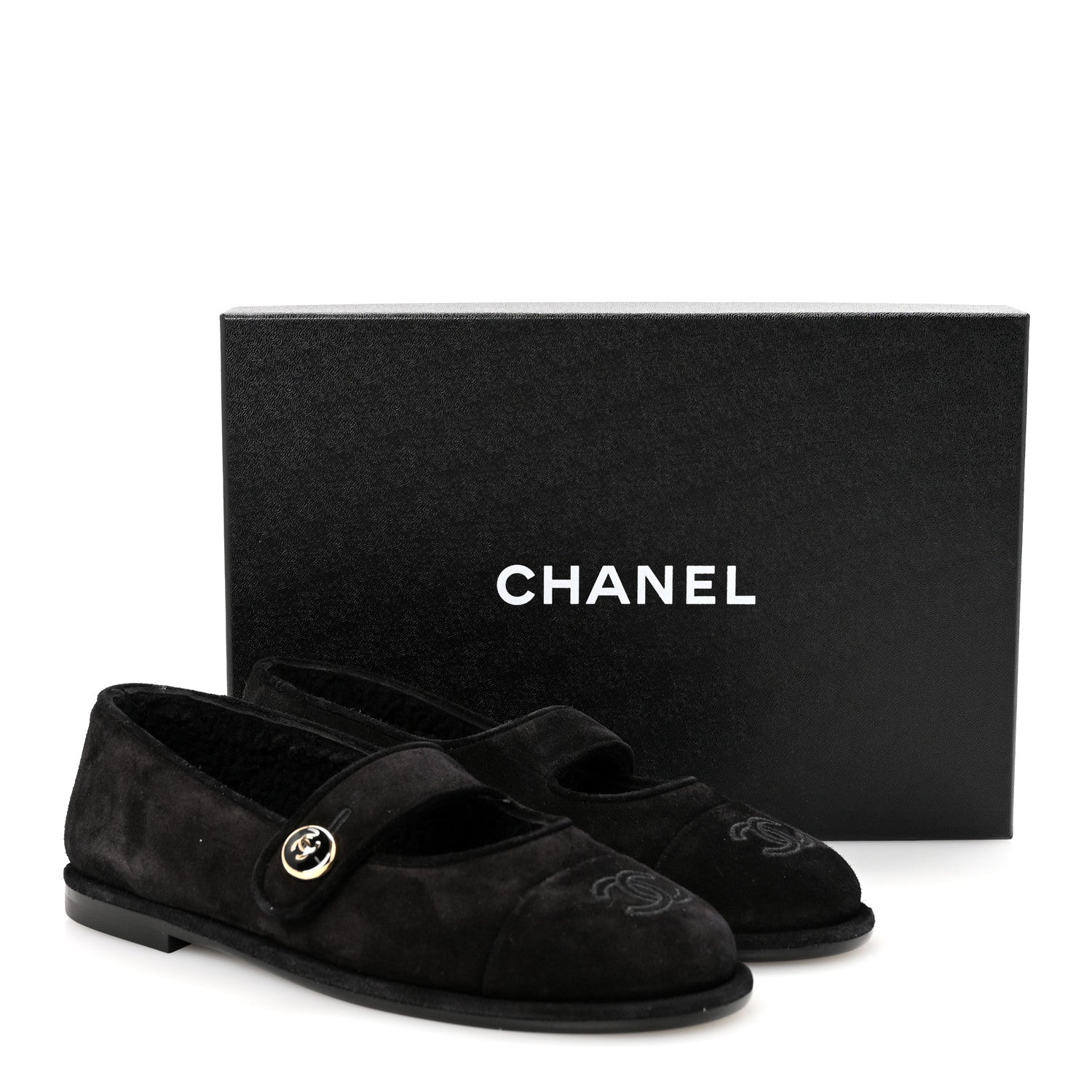 Chanel Suede Cap Toe CC Mary Jane Flats 37 Black 1778938