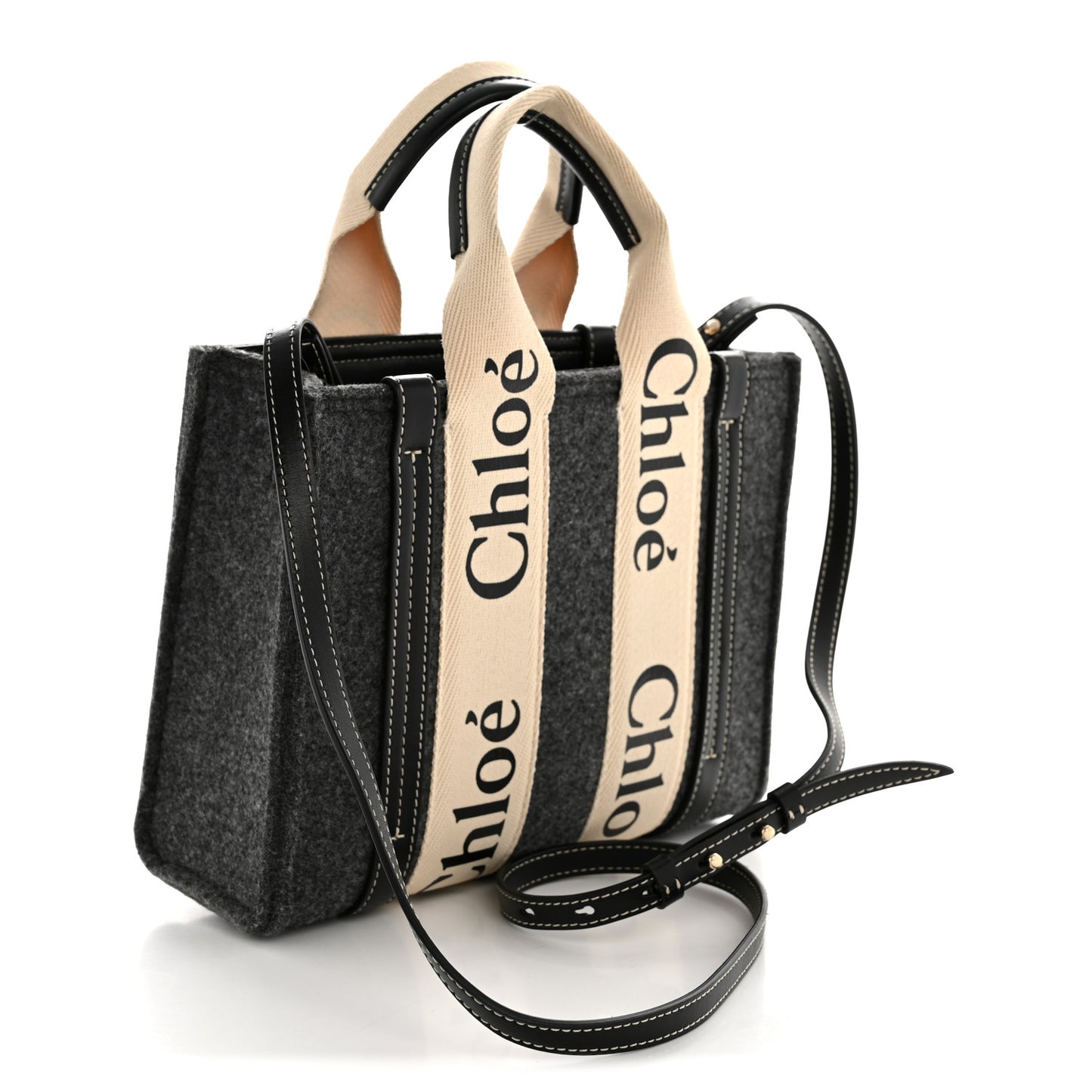 Felt Calfskin Small Woody Ribbon Tote With Strap Cashmere Grey