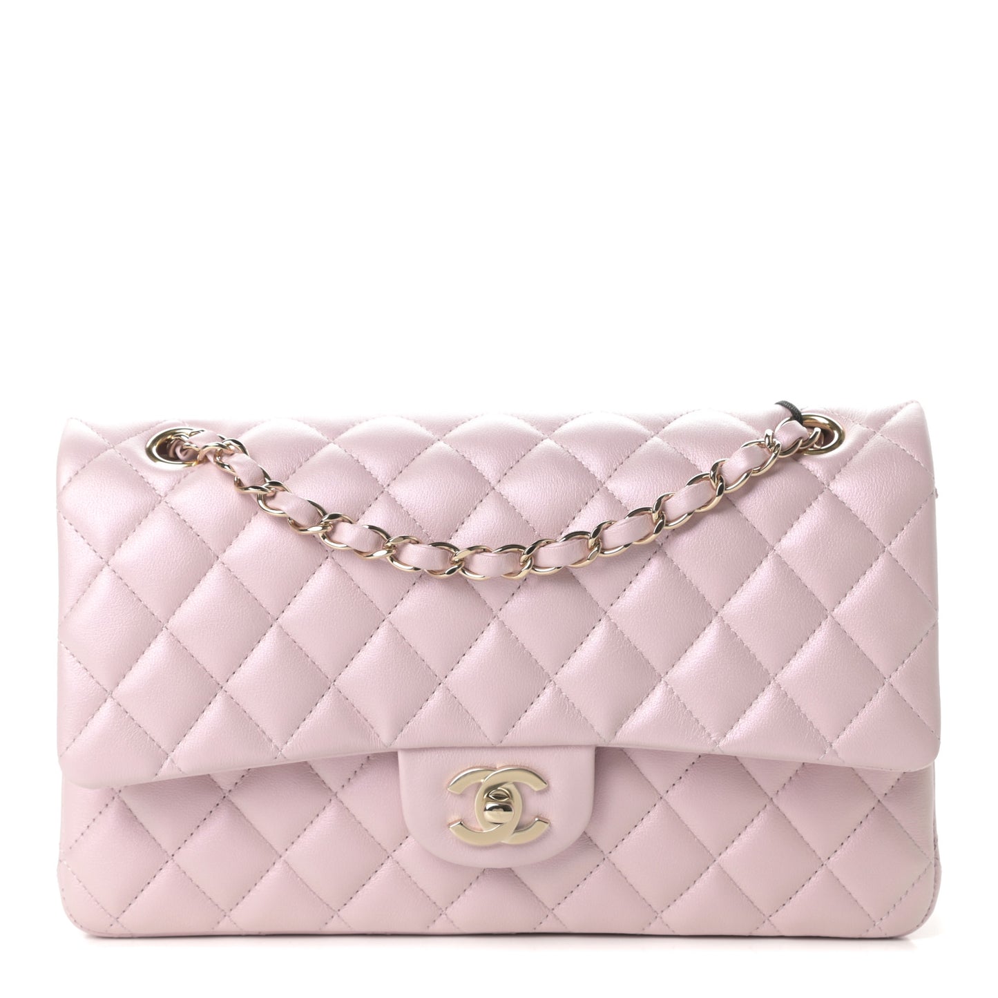 Iridescent Calfskin Quilted Medium Double Flap Light Pink