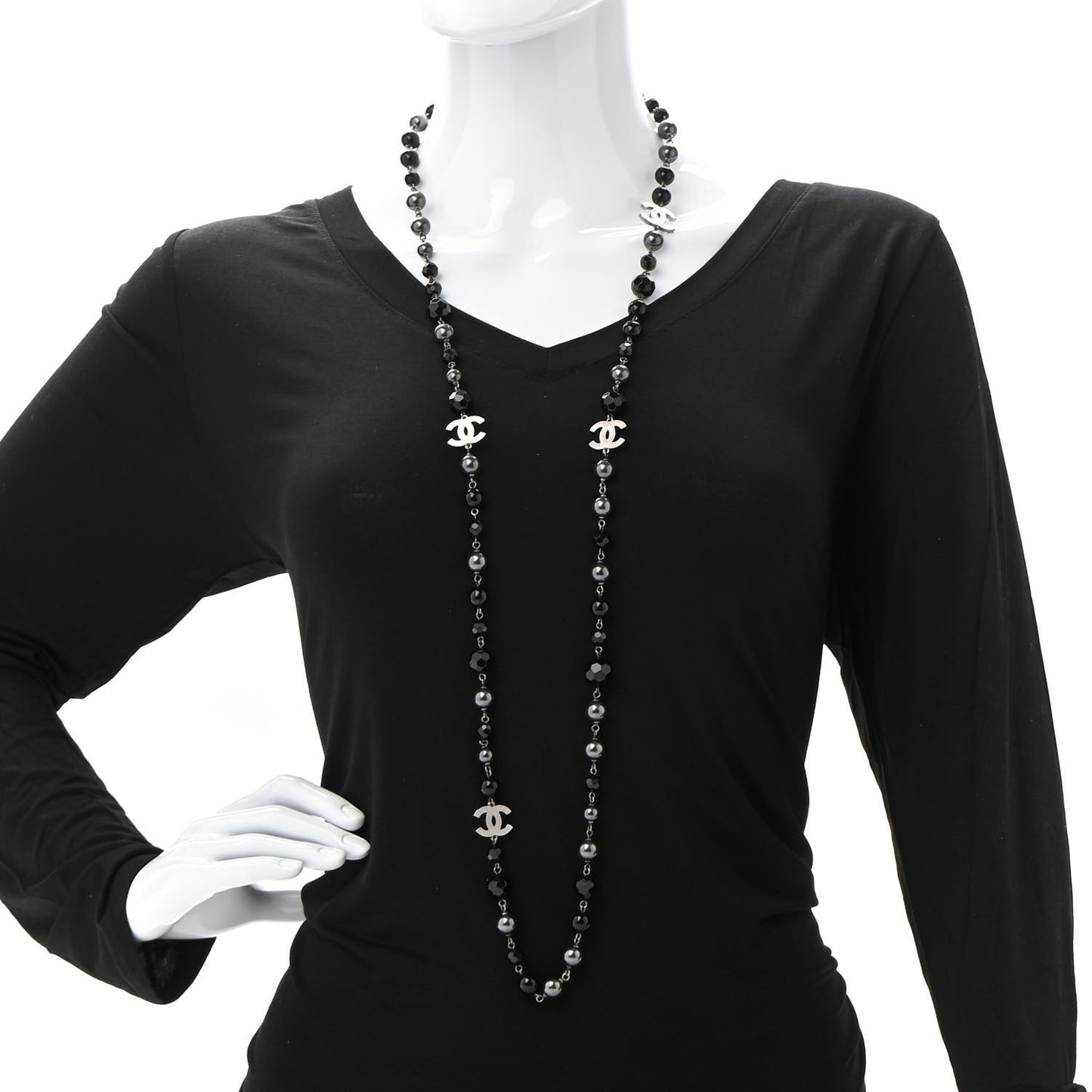 Ruthenium Pearl Beaded CC Long Necklace Black