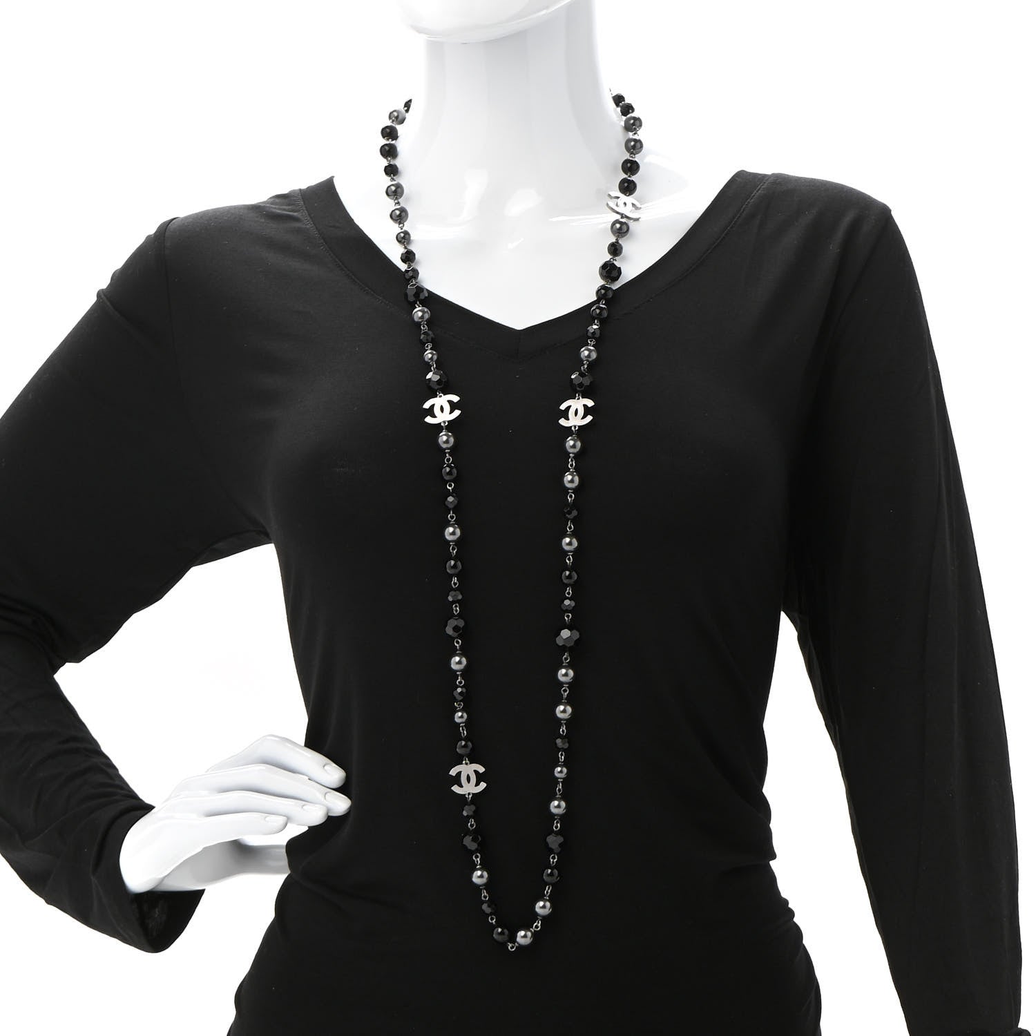 Chanel Ruthenium Pearl Beaded CC Long Necklace Black 2 of 6