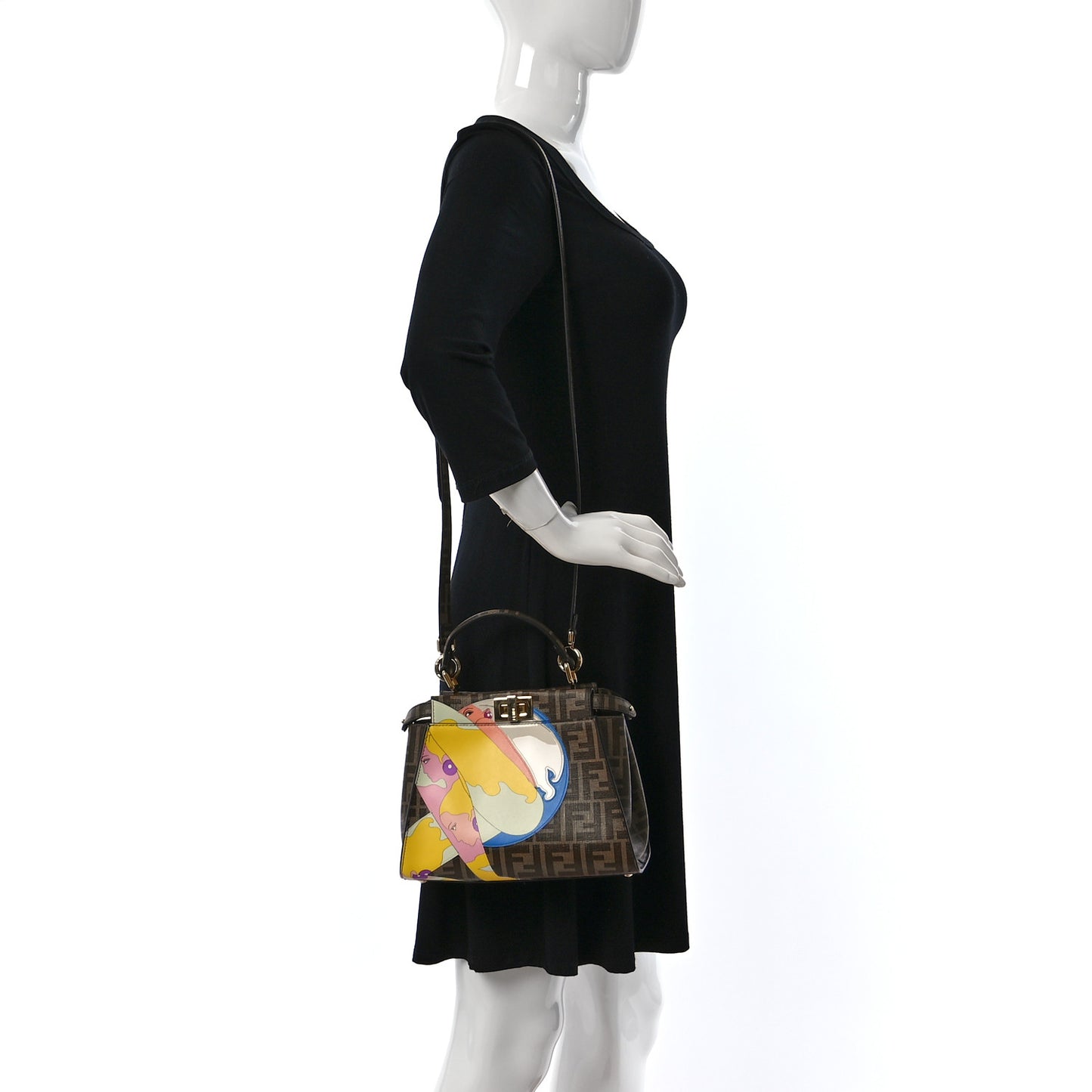 Glazed Fabric Vitello FF 1974 Hairdo Girls Inlay Mini Peekaboo Iconic Satchel Mogano Panna Multicolor