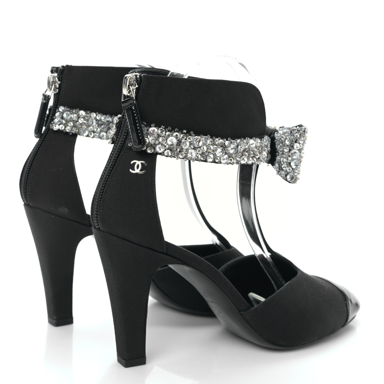 Chanel Crosgrain Patent Cap Toe Bow Crystal Pumps 37 Black 4 of 8