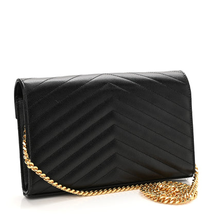 Saint Laurent Grain De Poudre Matelasse Chevron Monogram Chain Wallet Black 3 of 8
