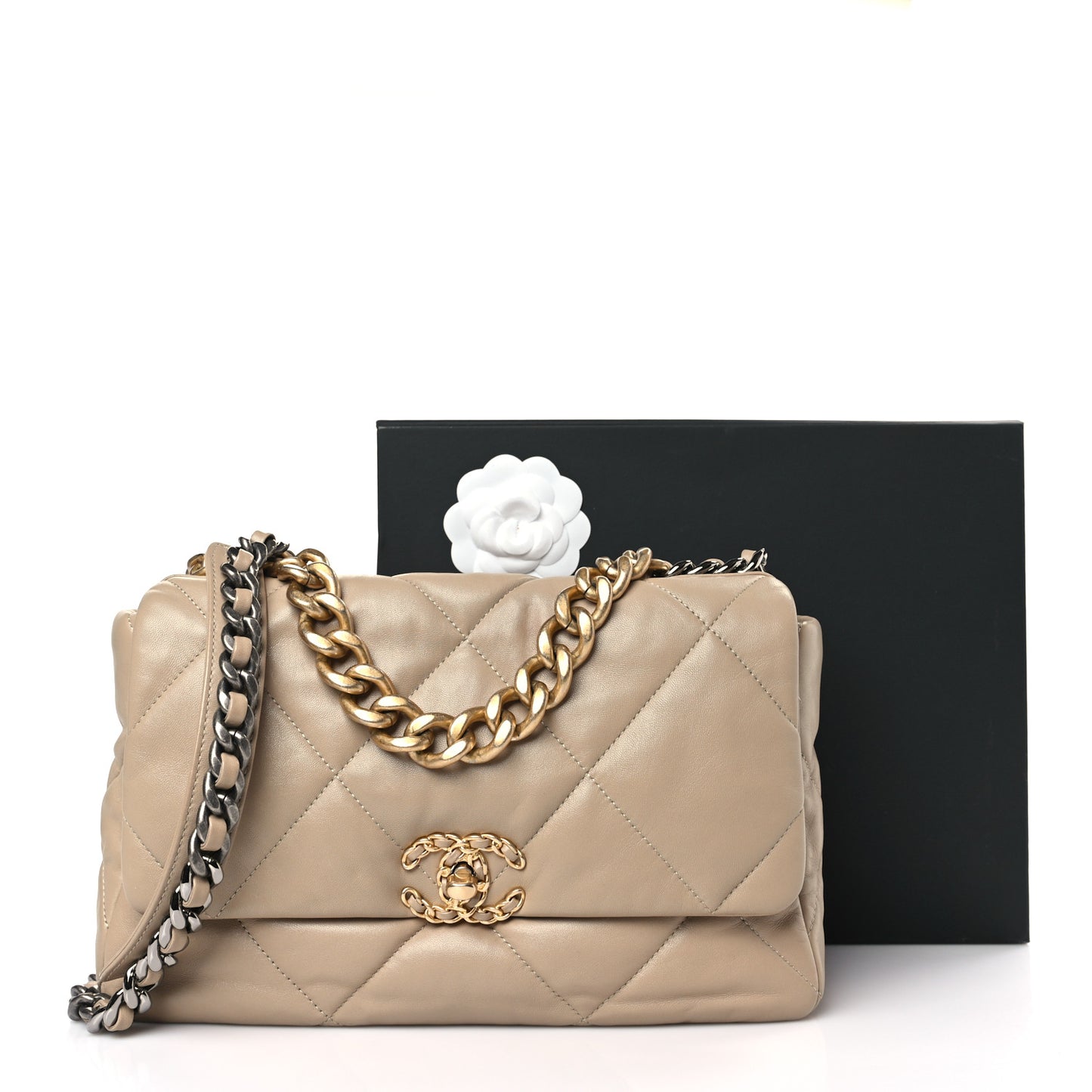 Lambskin Quilted Large Chanel 19 Flap Dark Beige