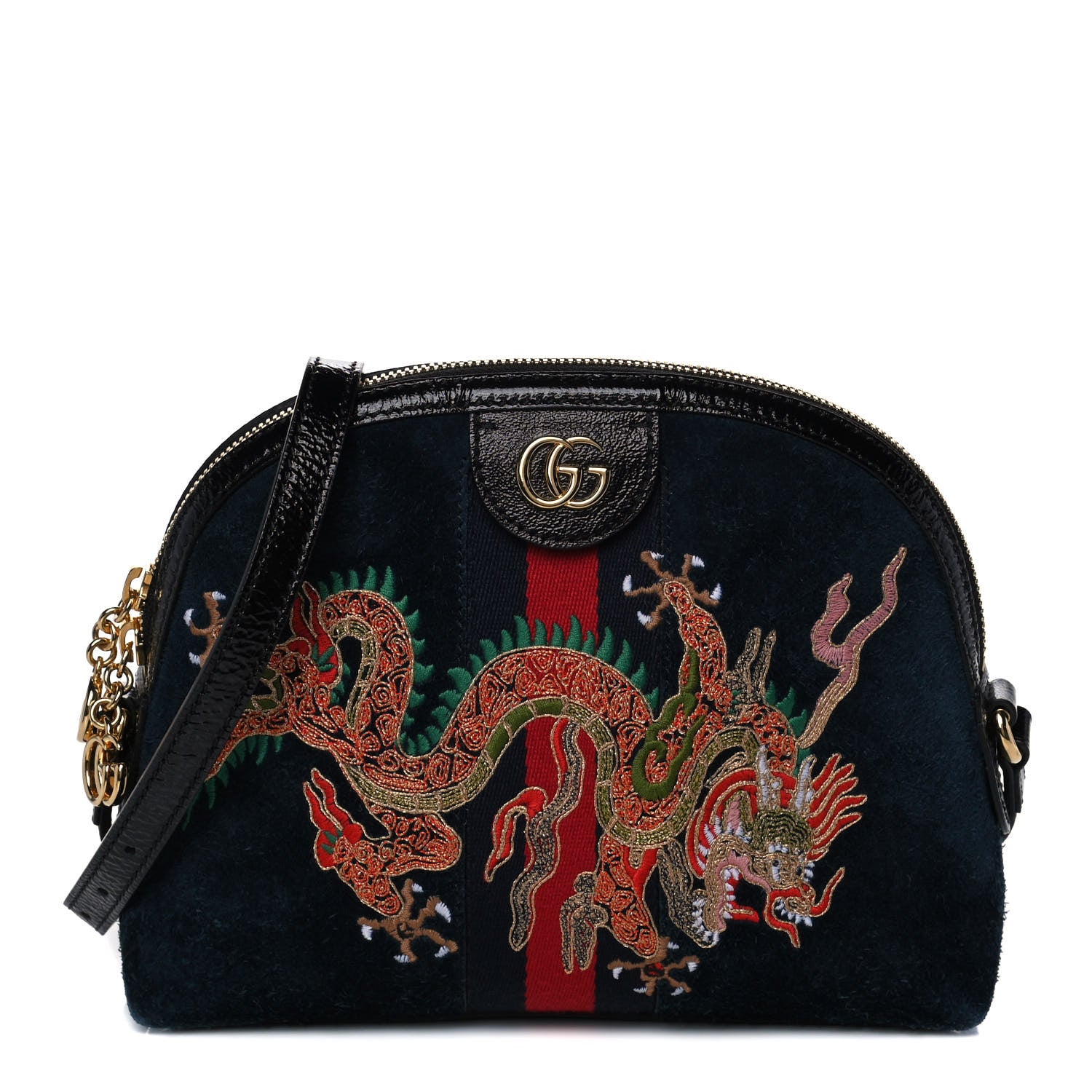 Gucci Suede Patent Dragon Embroidered Small Ophidia Dome Shoulder Bag Blue Multicolor Black 1 of 16