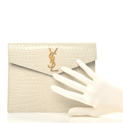 Saint Laurent Calfskin Crocodile Embossed Monogram Uptown Baby Pouch Perle 2 of 6