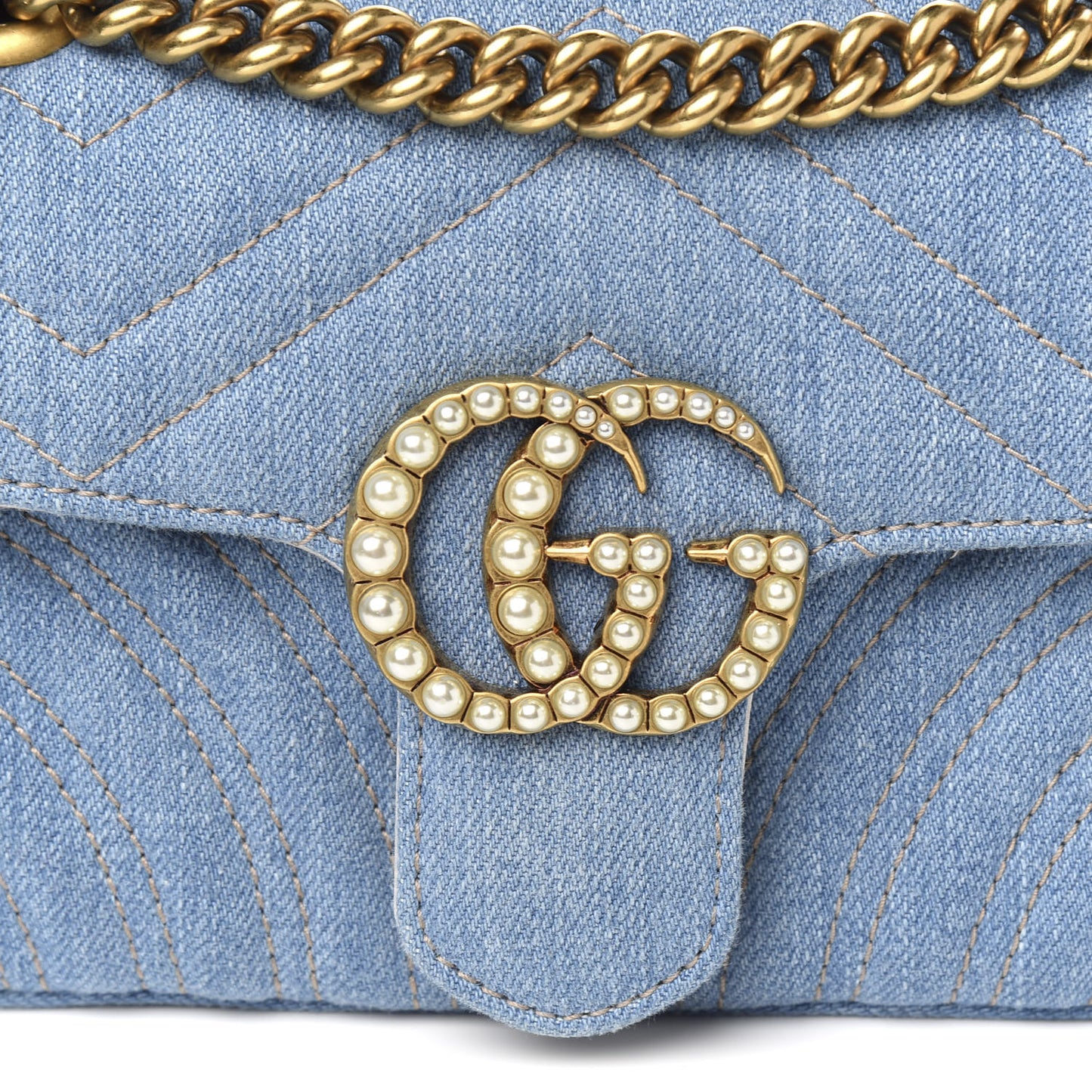 Denim Matelasse Mini Pearly GG Marmont Shoulder Bag Blue