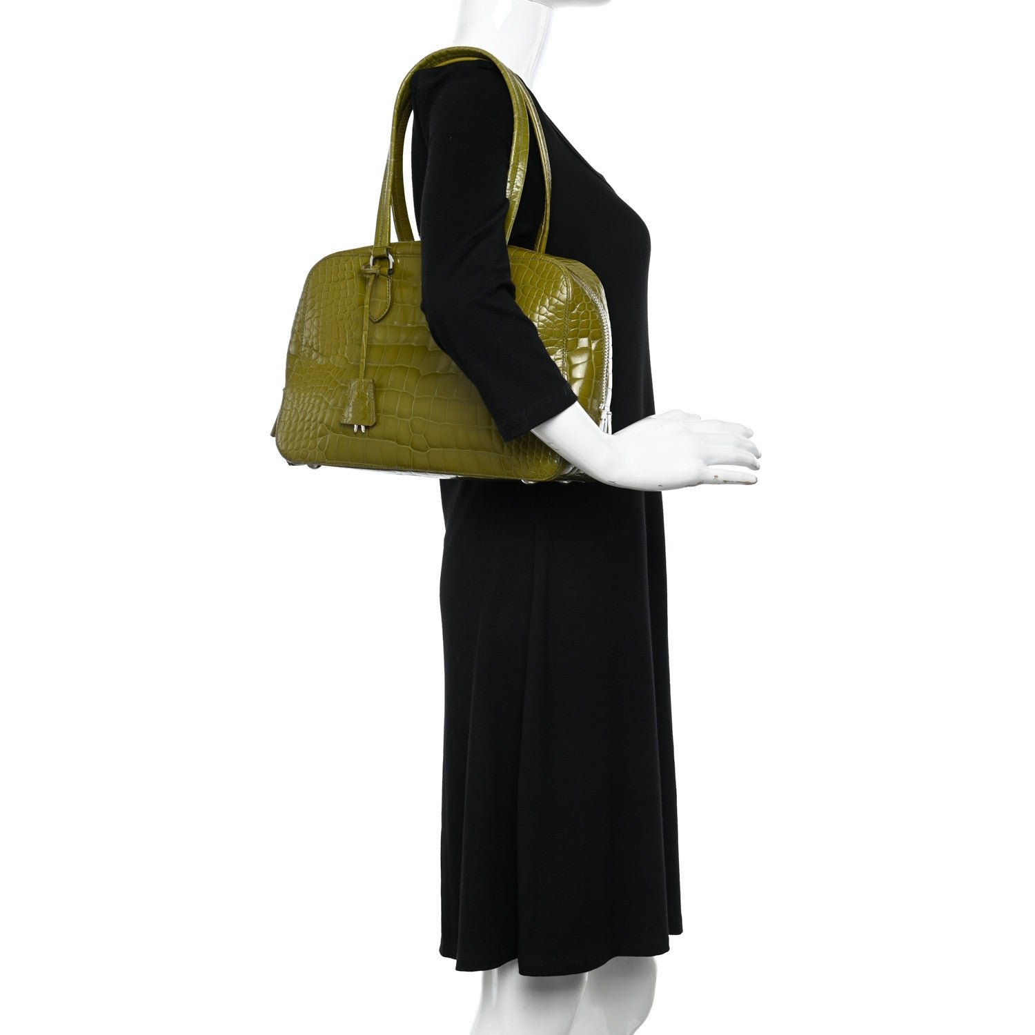 Prada Calfskin Embossed Crocodile Bauletto Bag Green 2 of 22