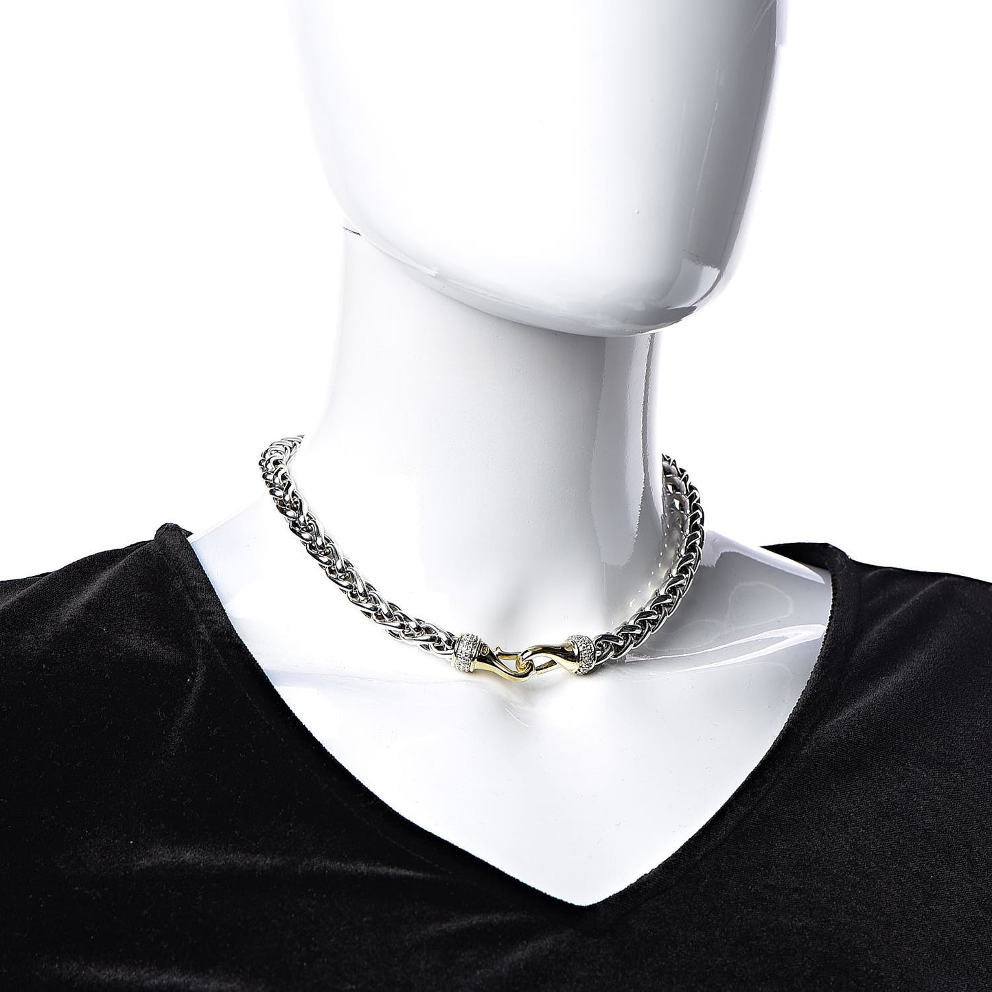 Sterling Silver 18K Yellow Gold Diamond 8mm Wheat Chain Necklace