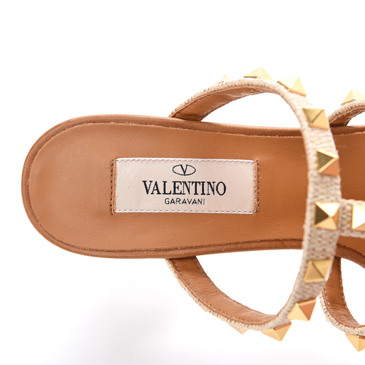 Raffia Calfskin Rockstud 60mm Caged Slide Sandals 35.5 Naturale