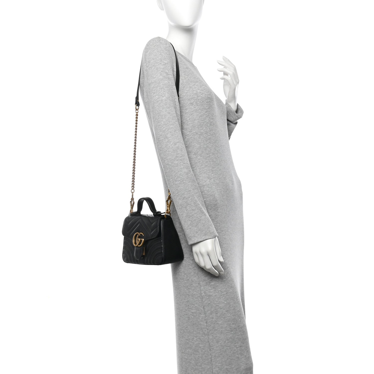 Gucci Calfskin Matelasse Mini GG Marmont Top Handle Shoulder Bag Black 2 of 10