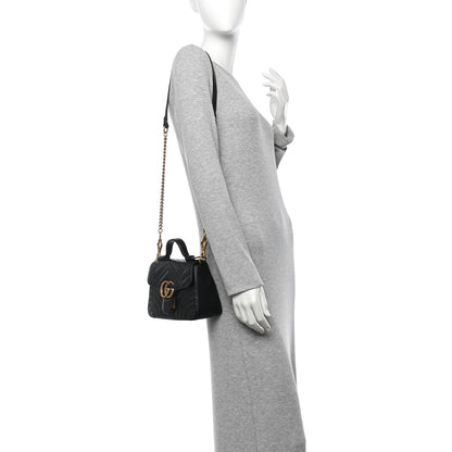 Gucci Calfskin Matelasse Mini GG Marmont Top Handle Shoulder Bag Black 2 of 10