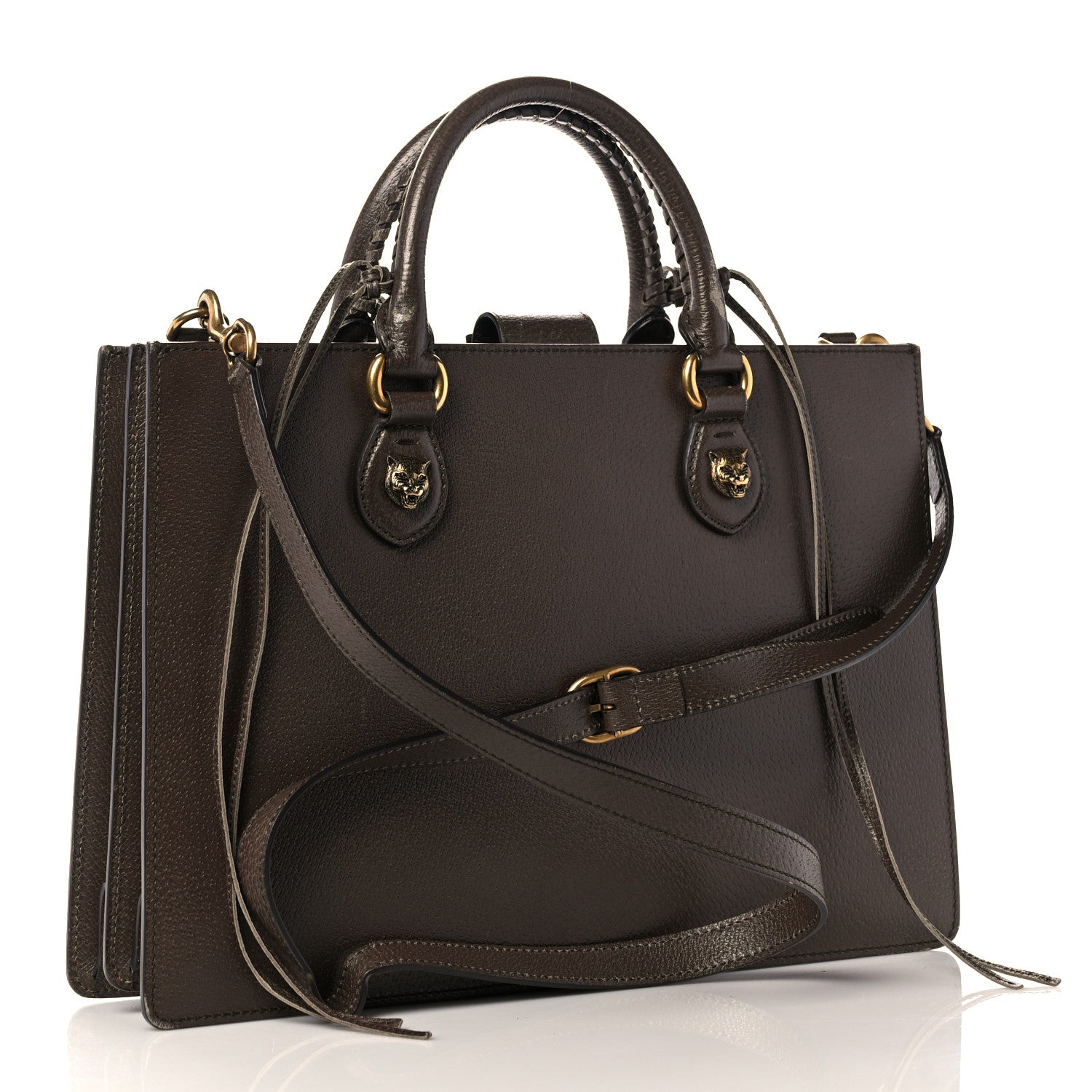 Gucci Grained Calfskin Web Large Animalier Top Handle Tote Brown 2 of 25