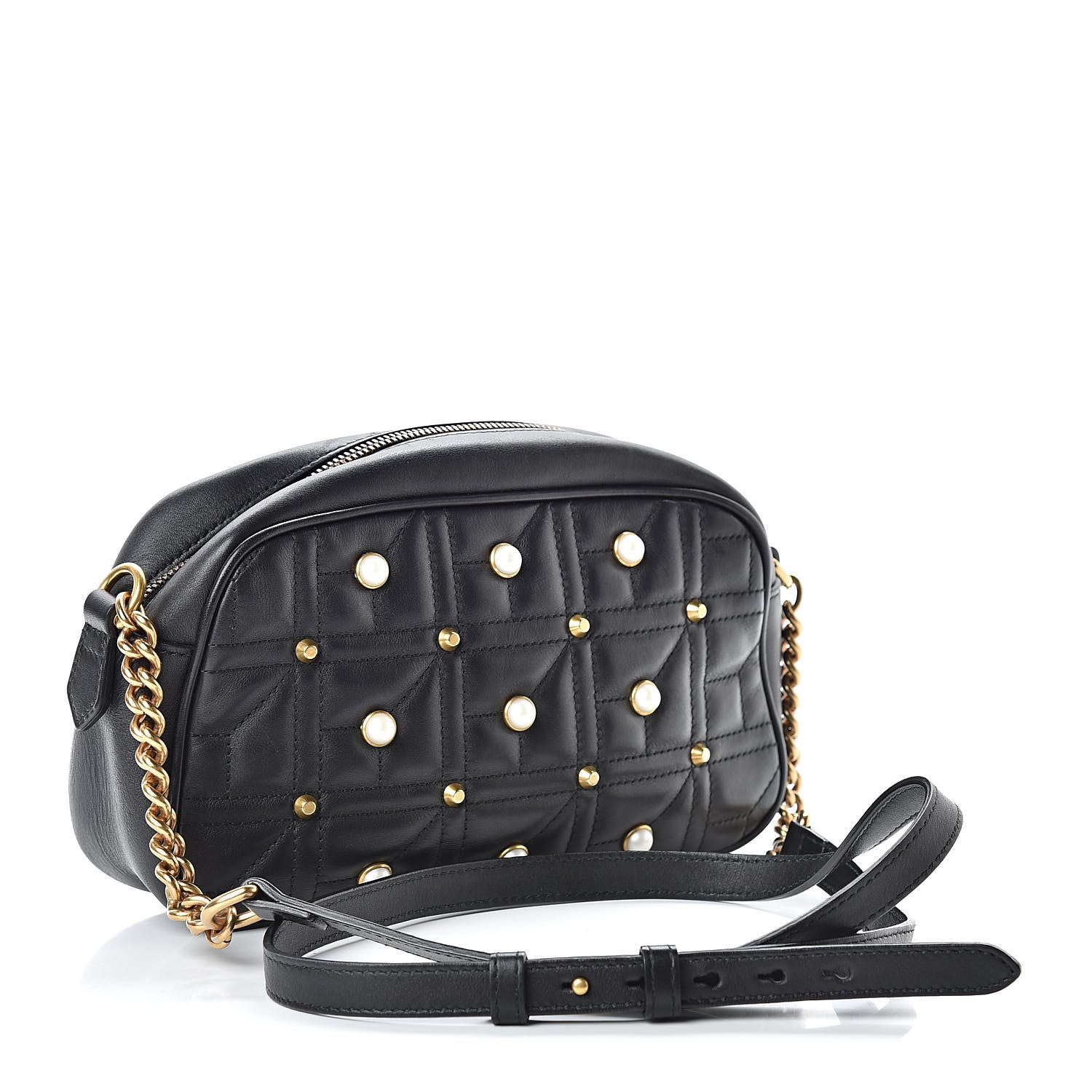 Gucci Calfskin Matelasse Studded Small Pearly GG Marmont Chain Shoulder Bag Black 3 of 13