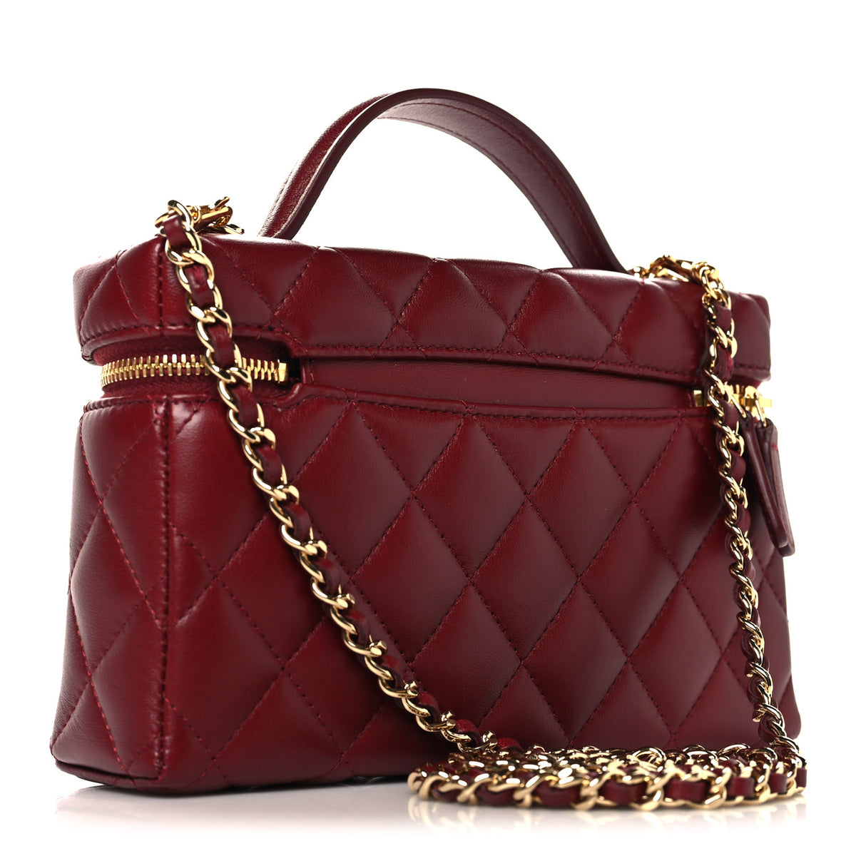 Lambskin Quilted Top Handle Slim Vanity With Chain Burgundy