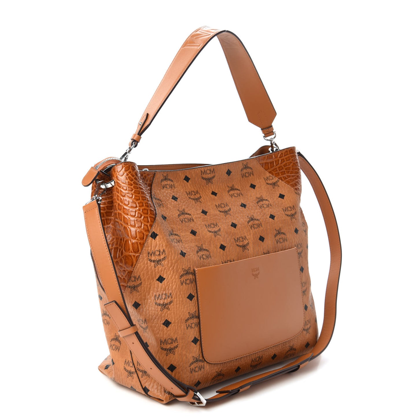Visetos Calfskin Crocodile Embossed Large Klara Hobo Cognac