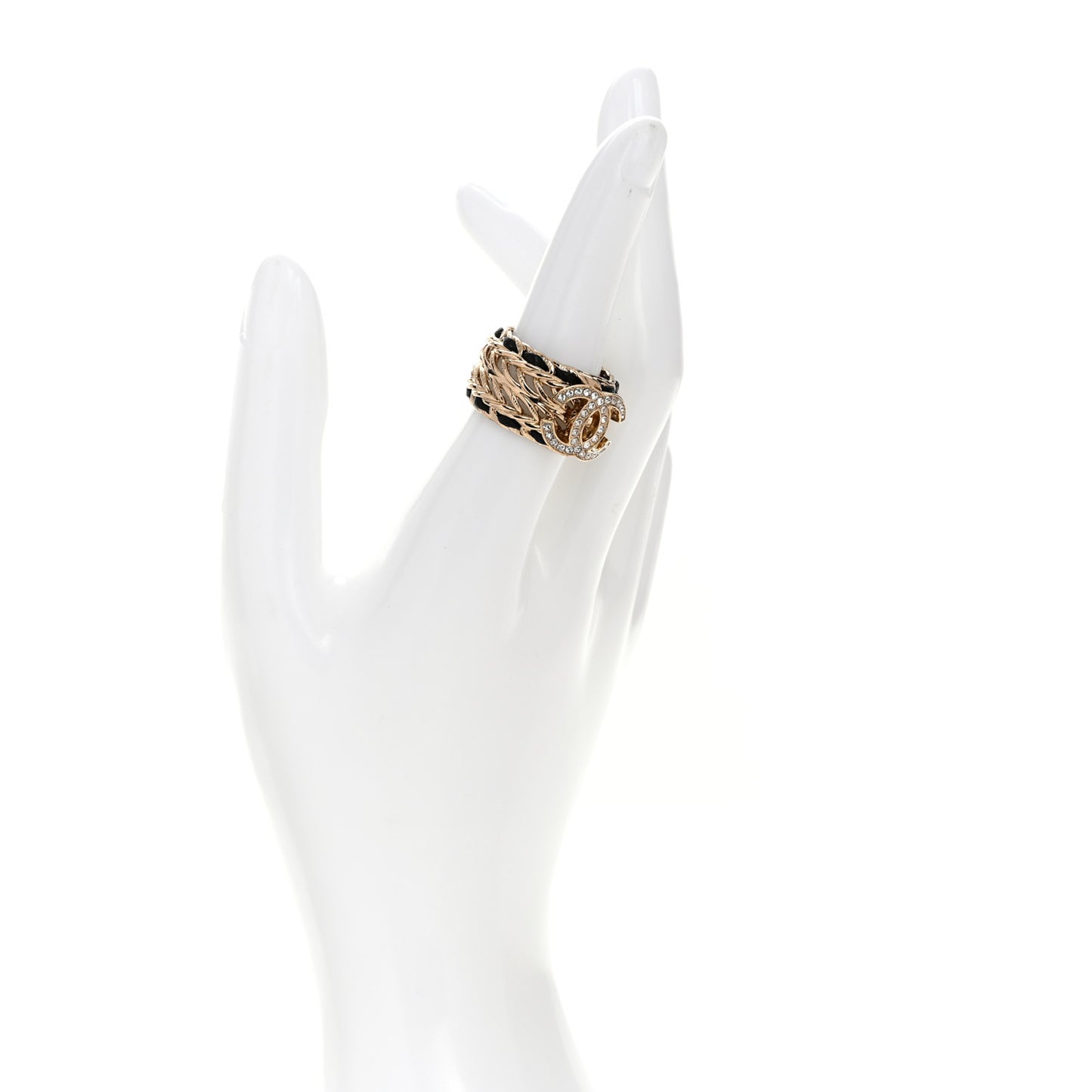 Metal Crystal Lambskin CC Ring 54 7 Gold Black