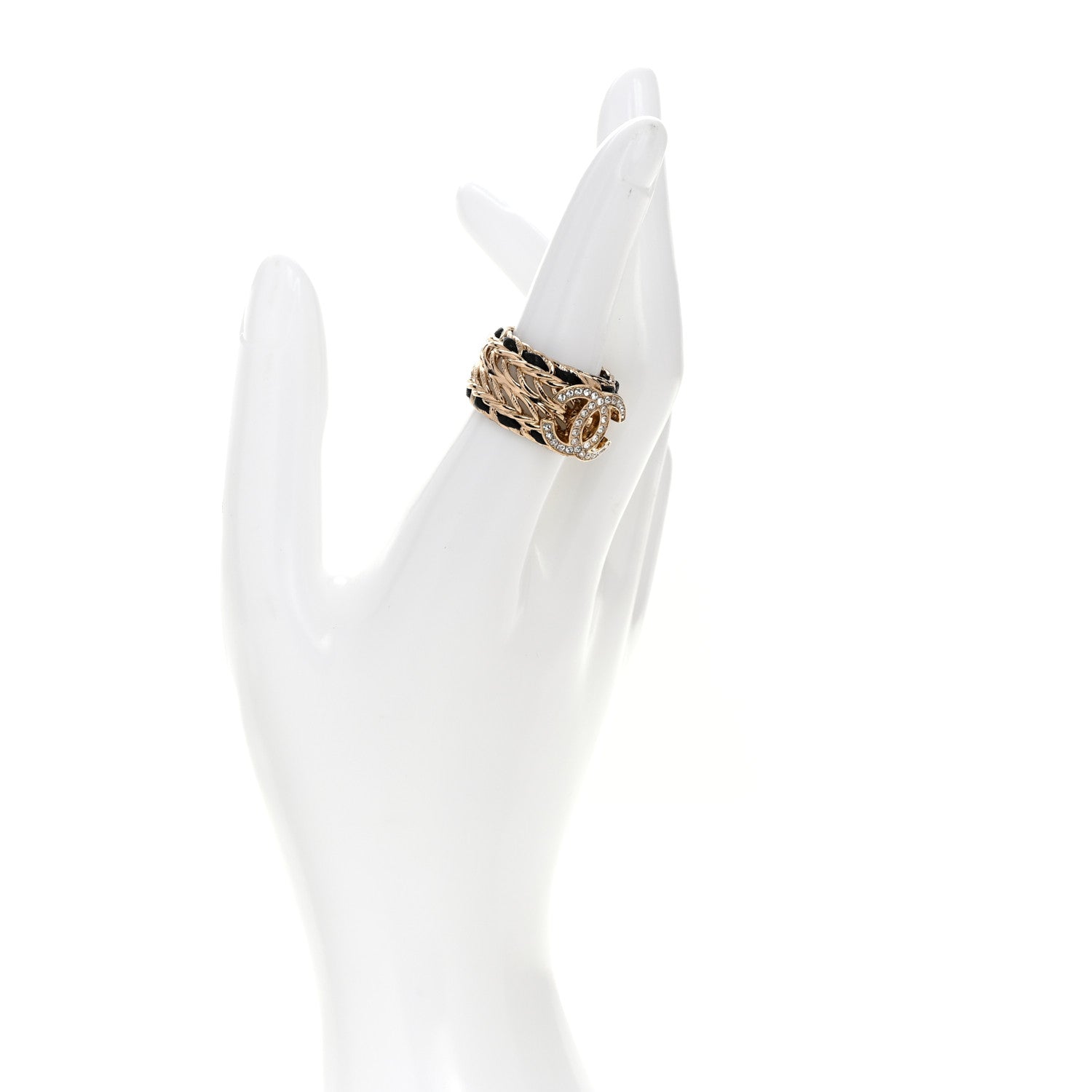 Chanel Metal Crystal Lambskin CC Ring 54 7 Gold Black 2 of 5