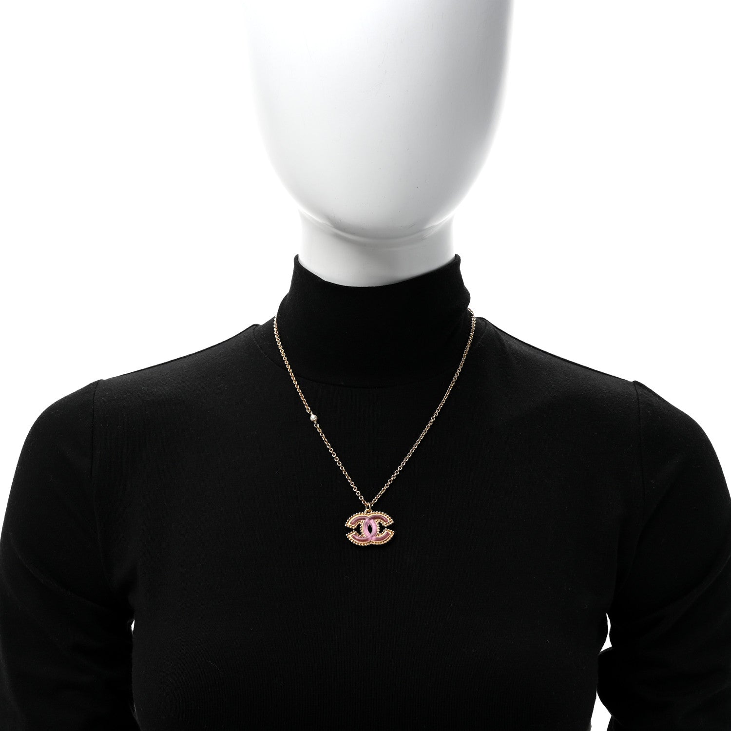 Chanel Metal Enamel Pearl CC Chain Necklace Pendant Gold Pink 2 of 5