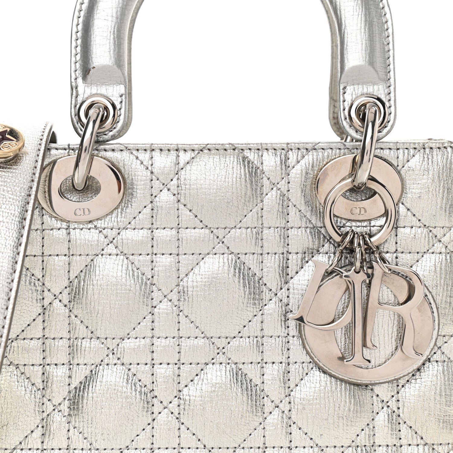 Christian Dior Metallic Grained Calfskin Cannage Small Lucky Badges My Lady Dior Silver 8 of 14