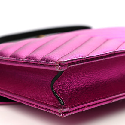 Saint Laurent Metallic Calfskin Matelasse Chevron Monogram Envelope Chain Wallet Fuchsia 10 of 15