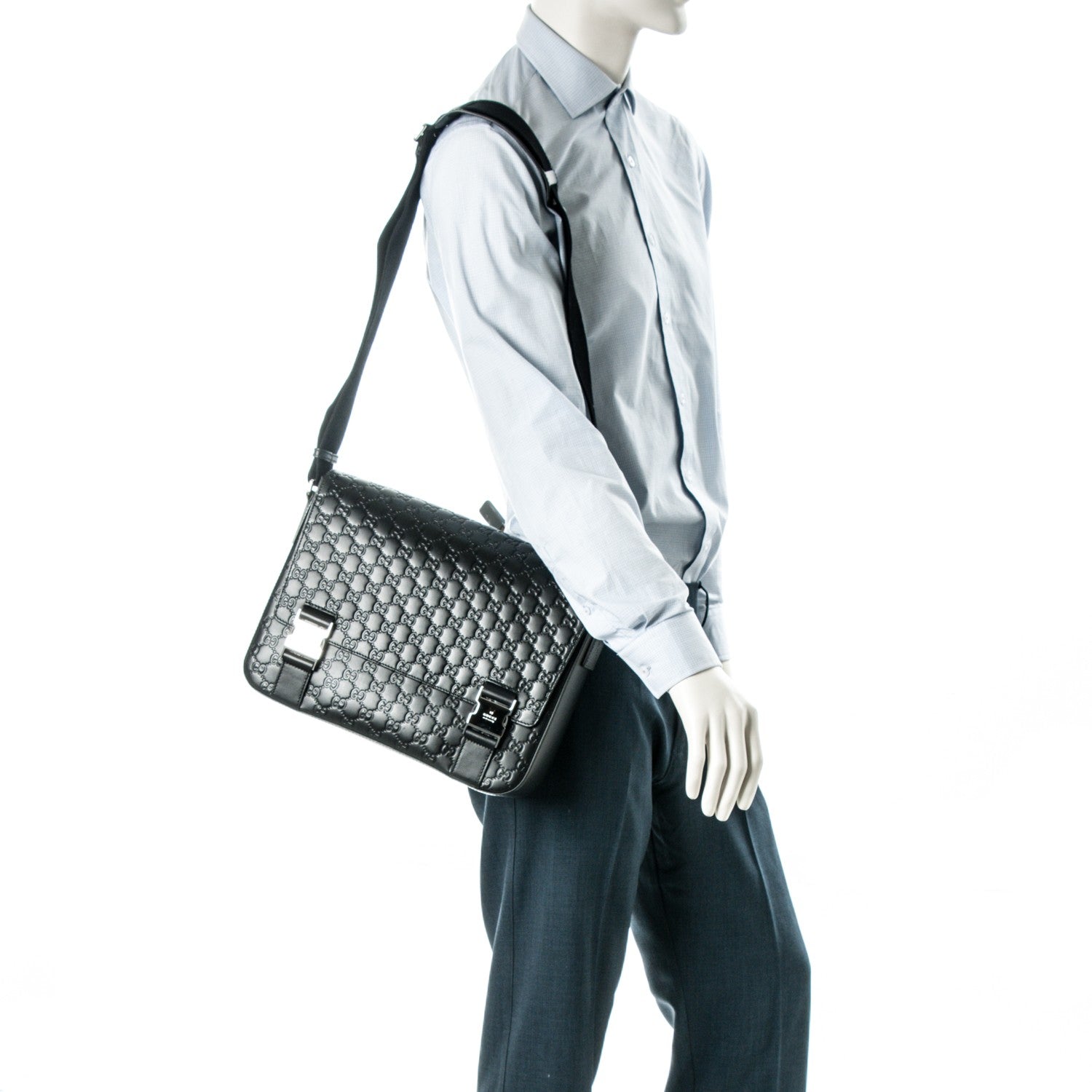 Gucci Guccissima Signature Medium Double Buckle Flap Messenger Bag Black 2 of 7