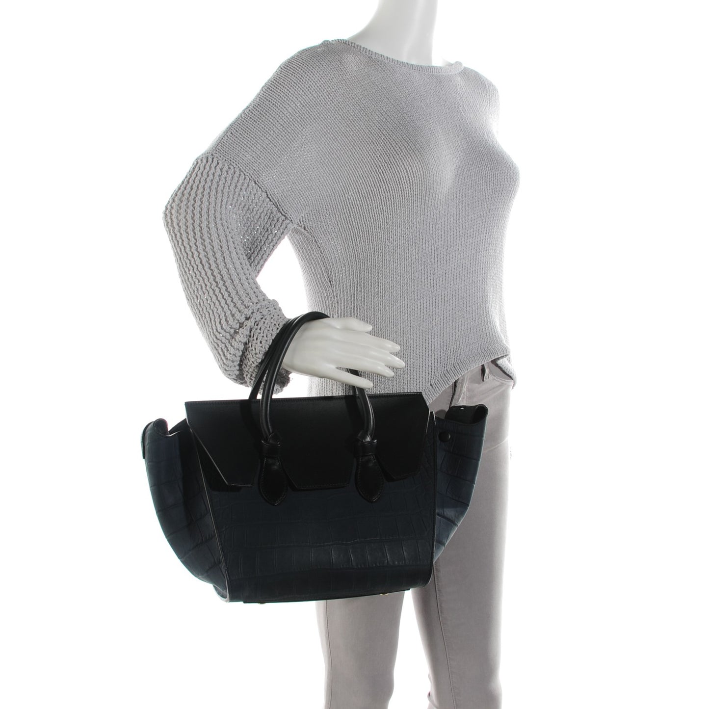 Smooth Calfskin Nubuck Crocodile Embossed Small Tie Knot Tote Navy