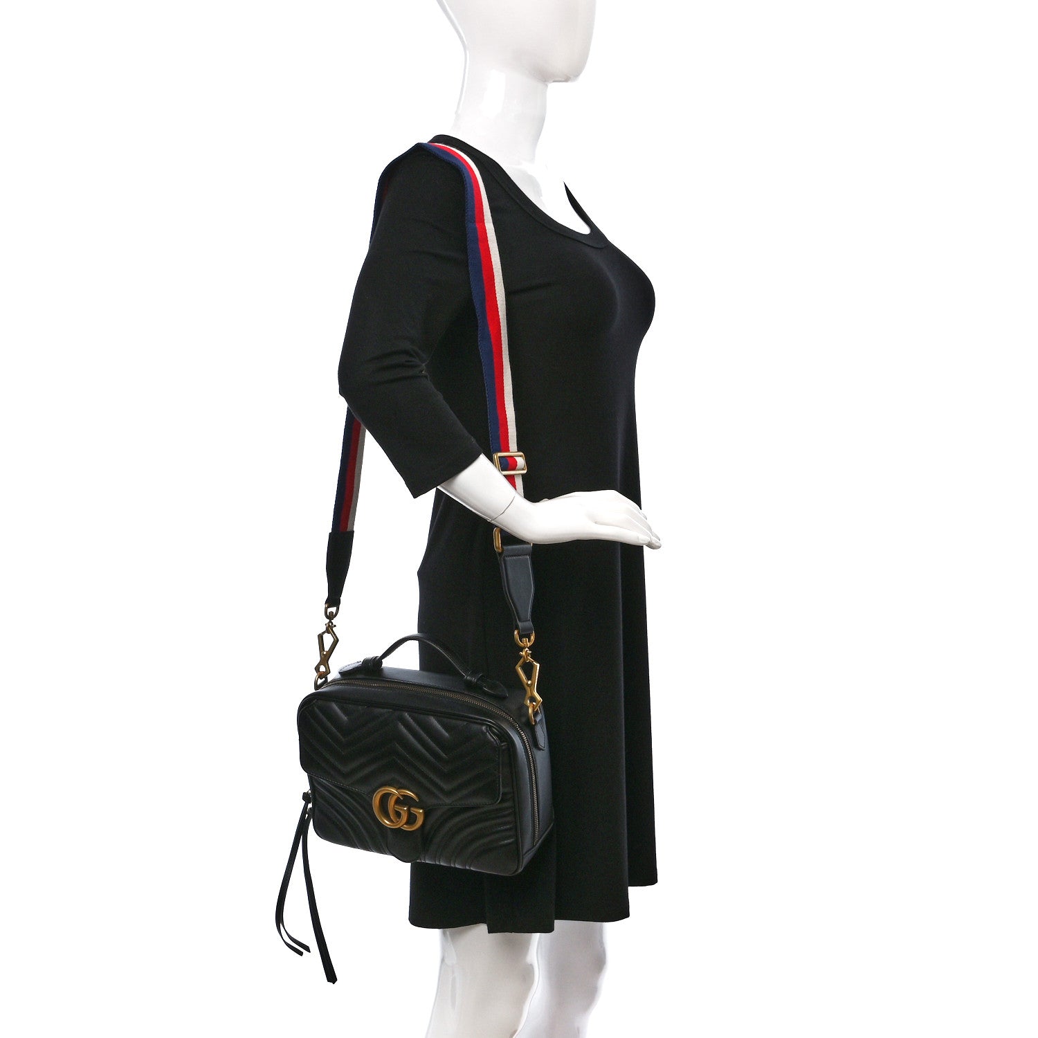 Gucci Calfskin Matelasse Sylvie Web Small GG Marmont Top Handle Shoulder Bag Black 2 of 9