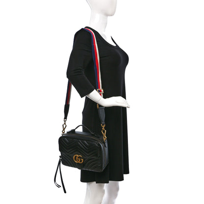 Gucci Calfskin Matelasse Sylvie Web Small GG Marmont Top Handle Shoulder Bag Black 2 of 9