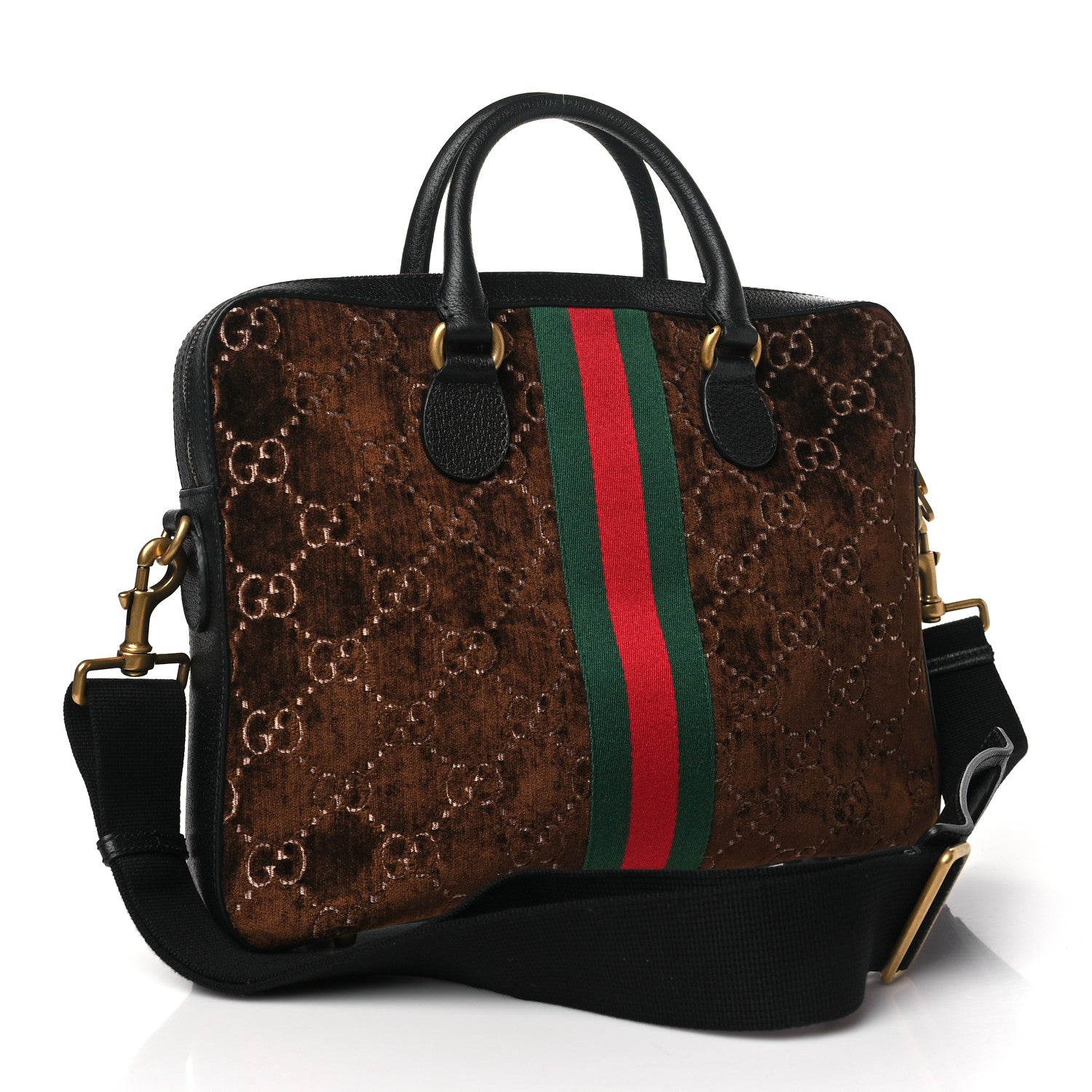 Gucci Velvet GG Supreme Monogram Textured Calfskin Web Medium Ophidia Briefcase Brown Black 3 of 10