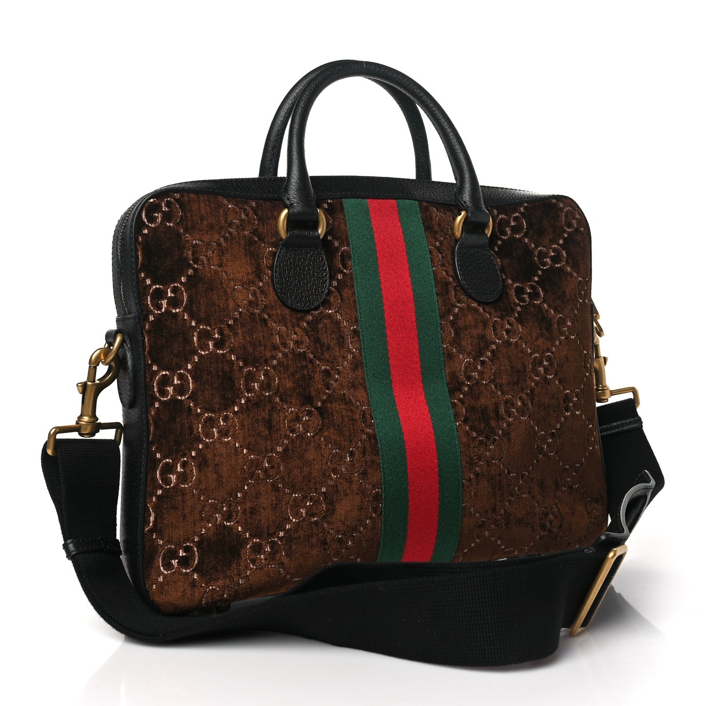 Velvet GG Supreme Monogram Textured Calfskin Web Medium Ophidia Briefcase Brown Black