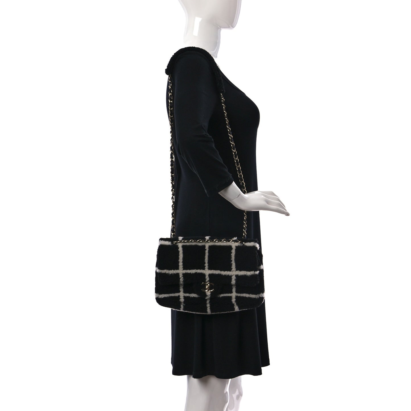 Shearling Lambskin Large Fluffy Tartan Single Flap Black White