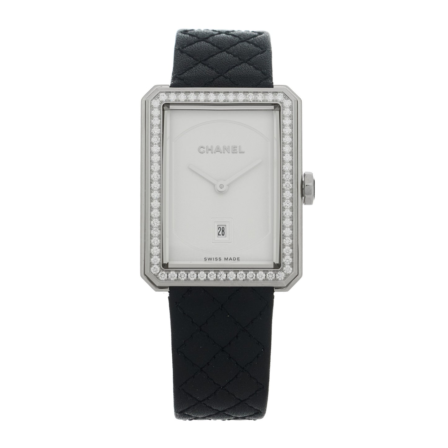 Stainless Steel Calfskin Diamond Bezel 27mm Boy-Friend Quilt Quartz Watch Black