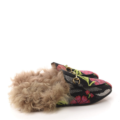 Gucci Brocade Fur Floral Womens Princetown Slippers 35 Black Anthracite 4 of 10