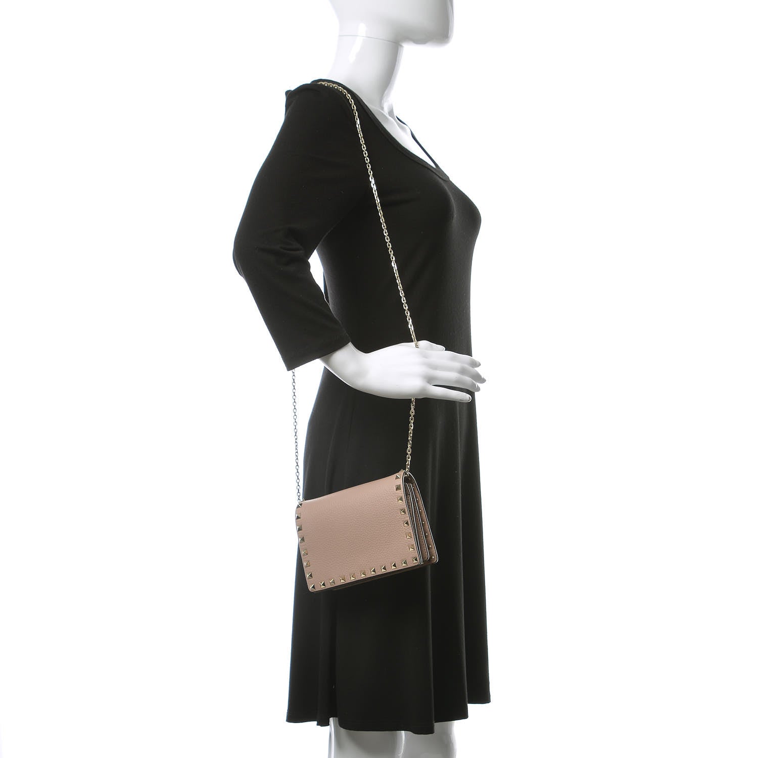 Valentino Garavani Pebbled Calfskin Rockstud Wallet on Chain Poudre 2 of 10