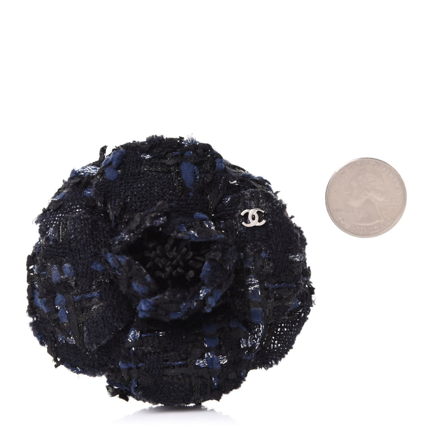 Tweed Camellia Pin Brooch Navy Blue