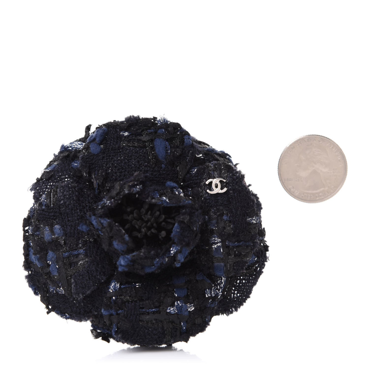 Chanel Tweed Camellia Pin Brooch Navy Blue 3 of 4