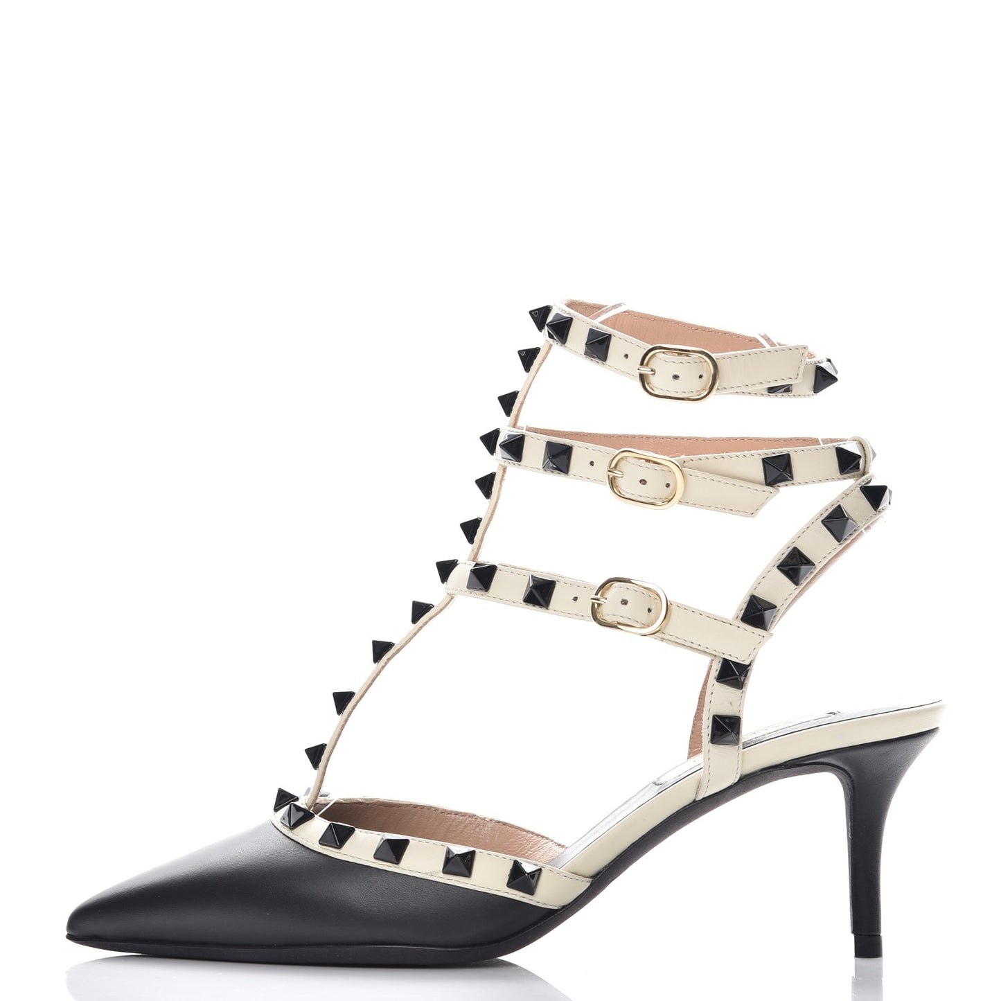 Nappa Rockstud Ankle Strap Low Heel Pumps 36 Black Ivory