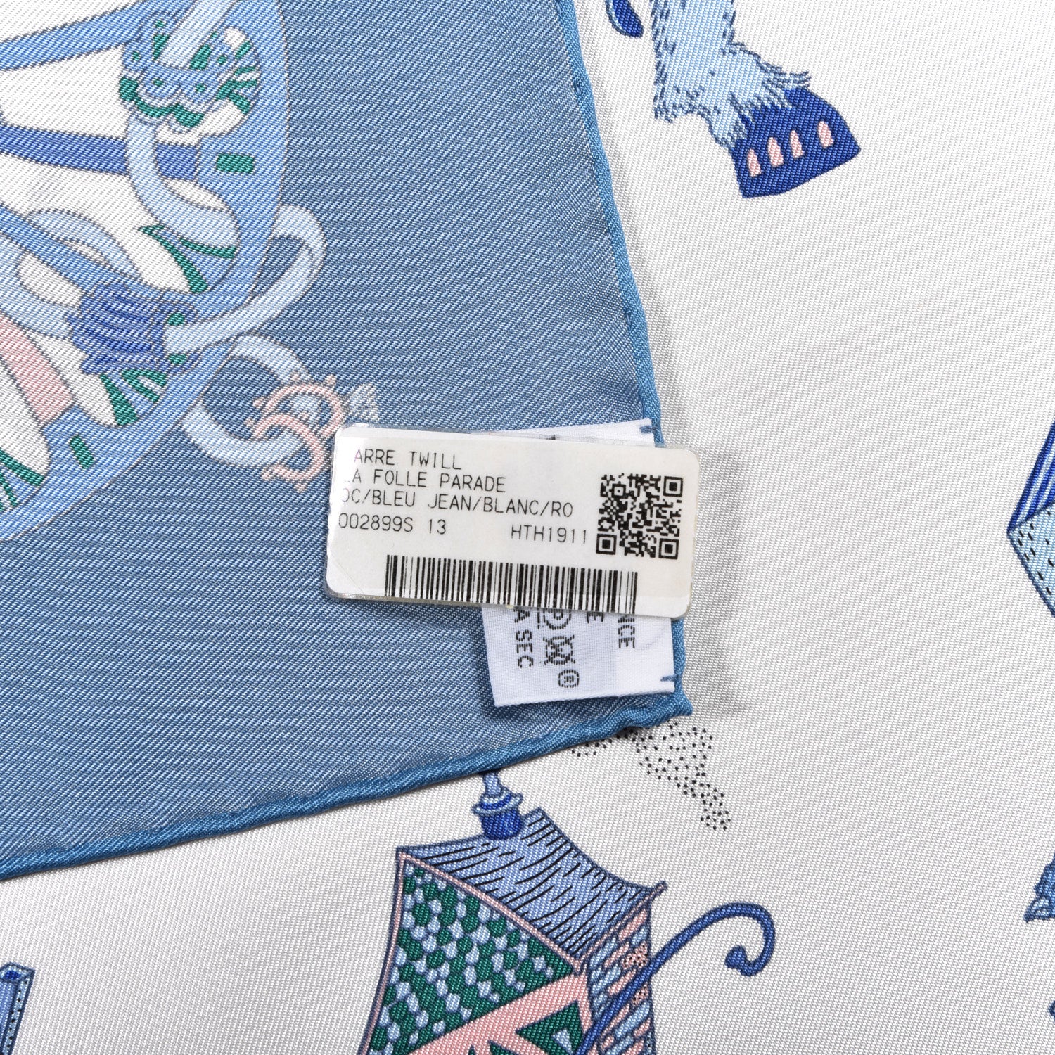 Hermes Silk Twill La Folle Parade Scarf 90 Bleu Jean White Rose 2 of 4