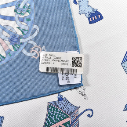 Hermes Silk Twill La Folle Parade Scarf 90 Bleu Jean White Rose 2 of 4