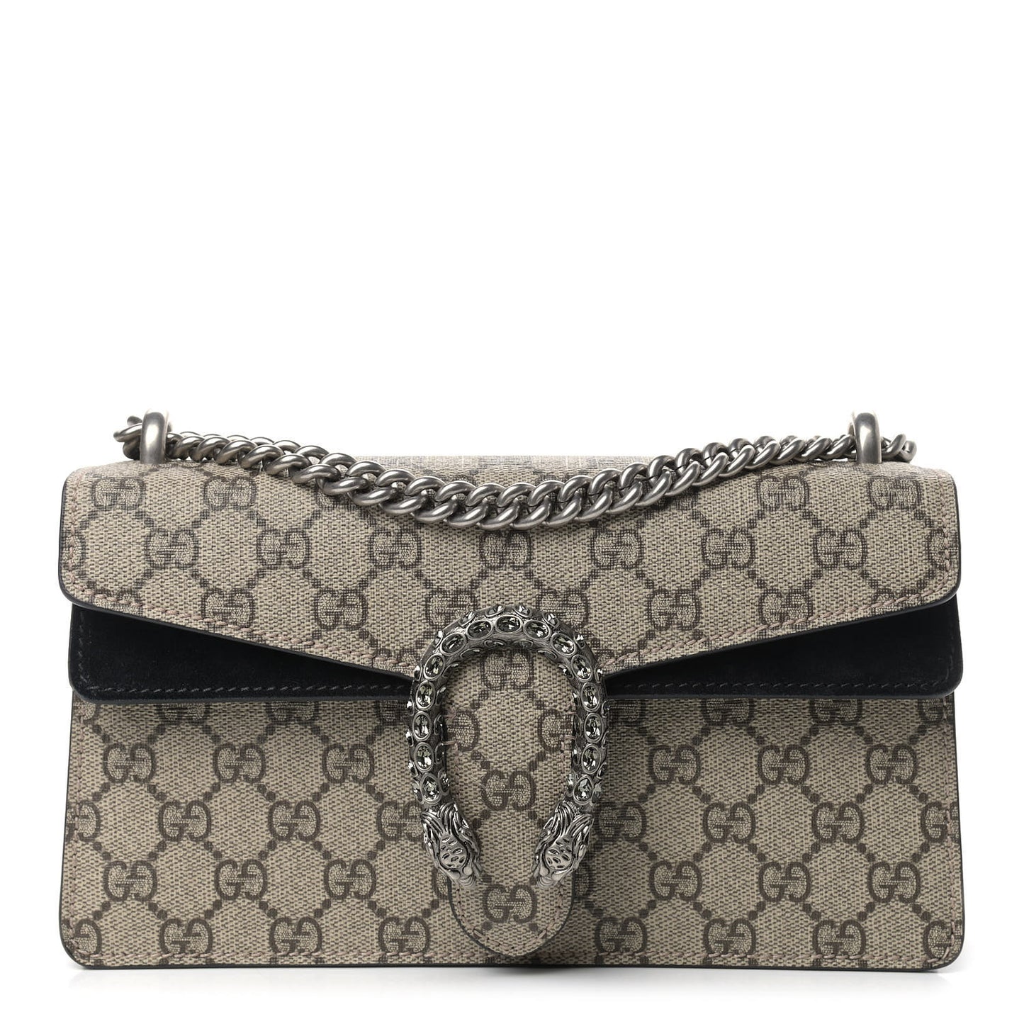 GG Supreme Monogram Suede Crystal Small Dionysus Shoulder Bag Beige Ebony Black