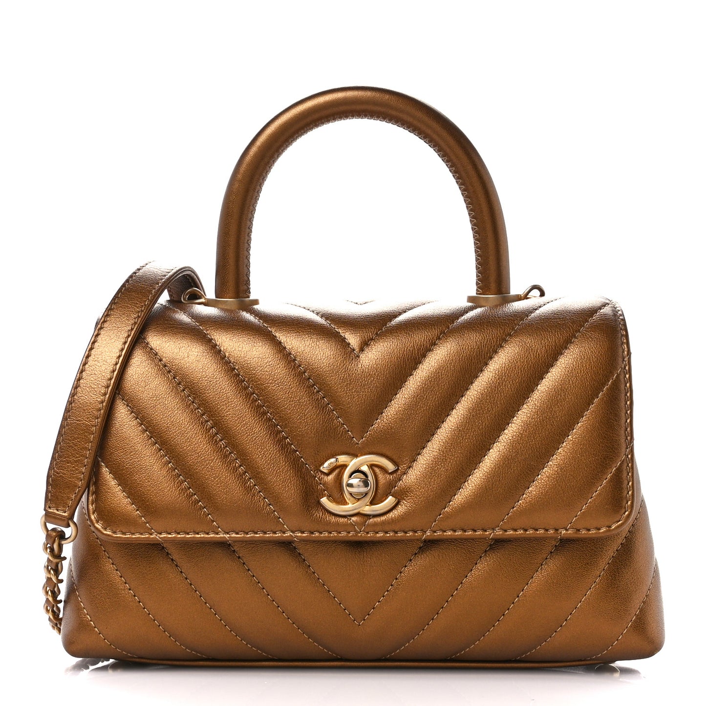Metallic Calfskin Chevron Quilted Mini Coco Handle Flap Gold