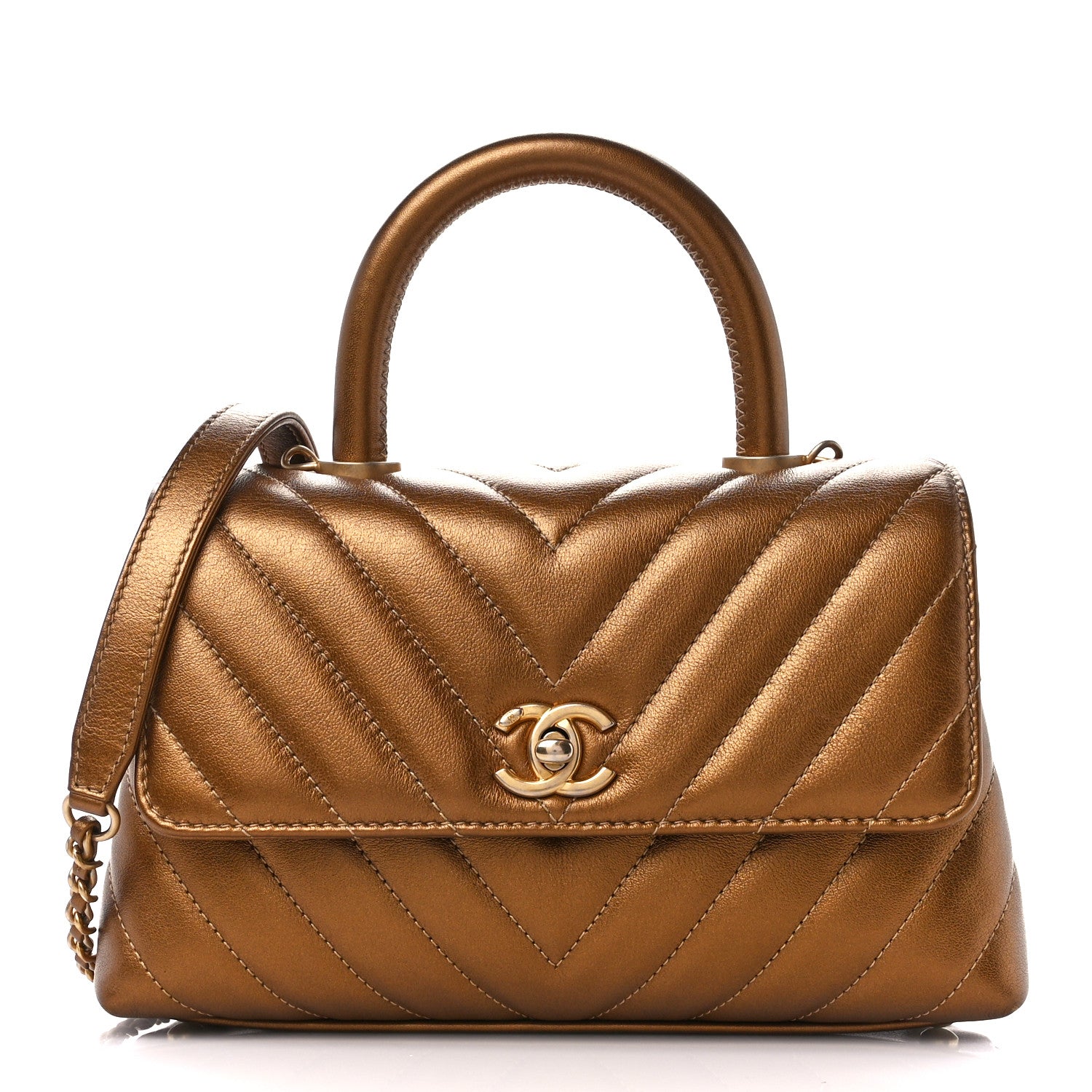 Chanel Metallic Calfskin Chevron Quilted Mini Coco Handle Flap Gold 1 of 10