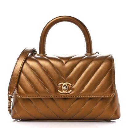 Chanel Metallic Calfskin Chevron Quilted Mini Coco Handle Flap Gold 1 of 10